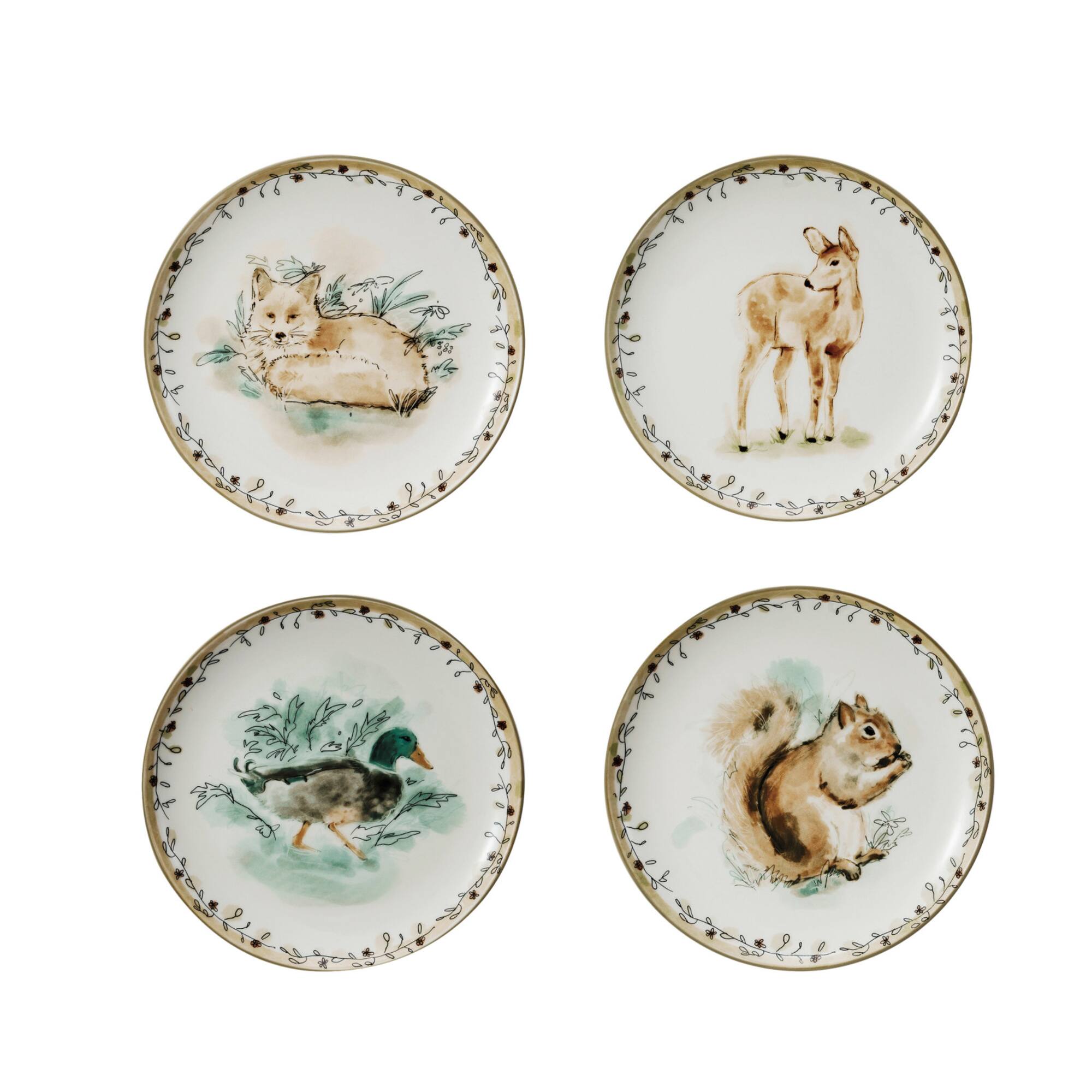 Hello Honey 8" Round Animal Stoneware Plates with Floral Edge, 4ct.